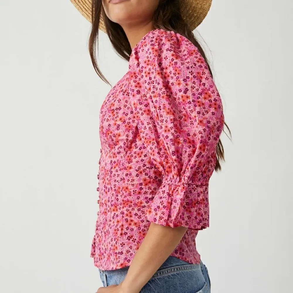 NWOT Free People I Found You Pink Floral Puff Sleeved Top Small